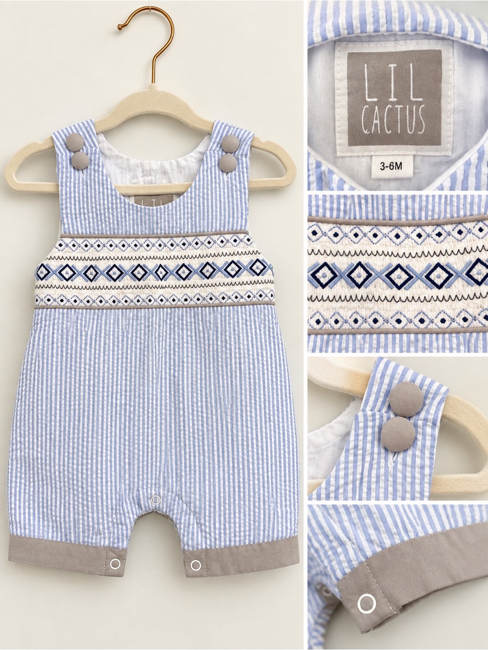 Lil Cactus Light Blue Striped Embroidered Baby Romper